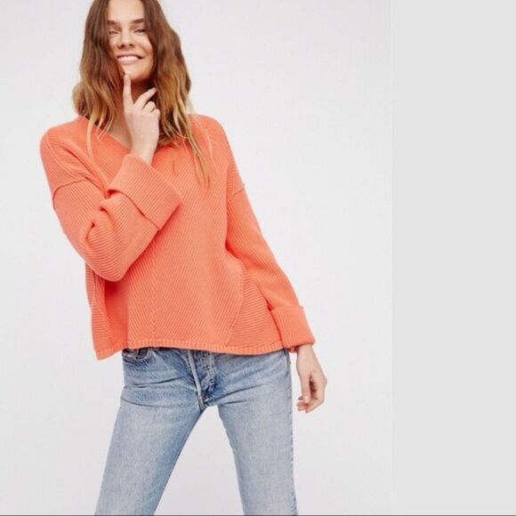 Free People Coral La Brea V-Neck Oversized‎ Ribbed Knit Sweater Size Small - Picture 1 of 8